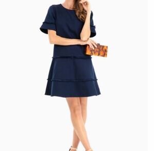 Marie Oliver Jillian Navy Blue Textured Fringe Detail Short Sleeve Dress XXS
